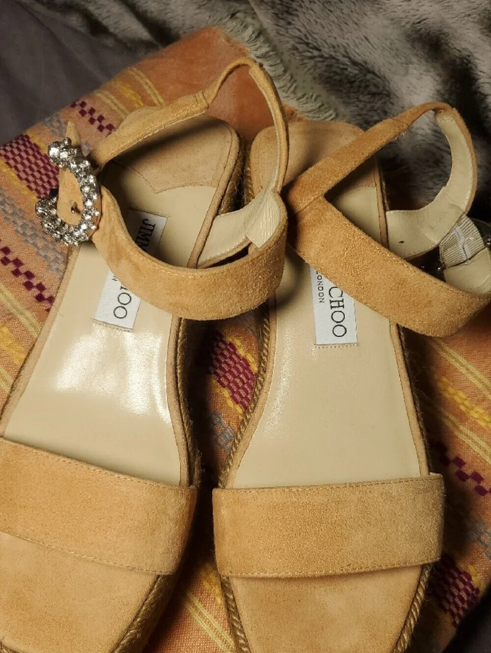 Jimmy Choo Suede Espadrille Wedge Sandals with Crystal Buckle Size 8